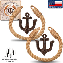 Load image into Gallery viewer, Twenty Four Ten Home Gear Nautical Bathroom Decor, Rope Toilet Paper Holder 2 Pack. Beach Themed Decor secures Toilet Paper, Towel or Shower Curtains with Decorative Anchor Wall Mount, USA Made