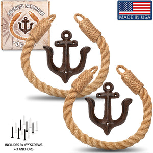 Twenty Four Ten Home Gear Nautical Bathroom Decor, Rope Toilet Paper Holder 2 Pack. Beach Themed Decor secures Toilet Paper, Towel or Shower Curtains with Decorative Anchor Wall Mount, USA Made