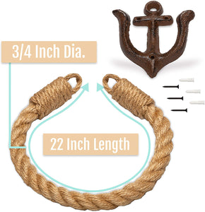 Twenty Four Ten Home Gear Nautical Bathroom Decor, Rope Toilet Paper Holder 2 Pack. Beach Themed Decor secures Toilet Paper, Towel or Shower Curtains with Decorative Anchor Wall Mount, USA Made